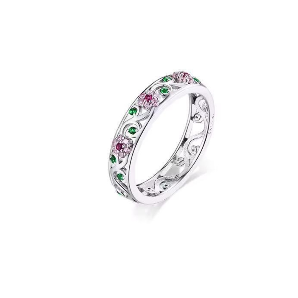 925 sterling silver Elegant Silver Ring with Pink and Green Accents